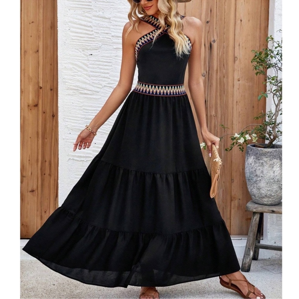 Boho Black Chevron Halter Maxi Dress S M L XL